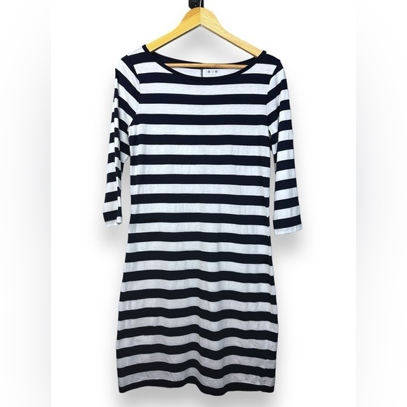 THREE DOTS M Made in USA Pima Cotton Blend Midi Blue White Striped T-Shirt Dress - Picture 2 of 6